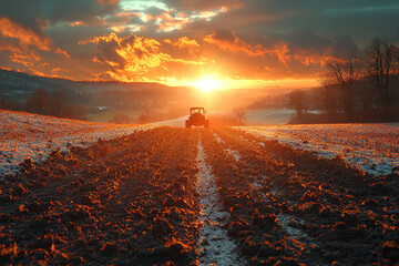 Poster - Sunset light casting long shadows across an open field, emphasizing the passage of time. Concept of nature.