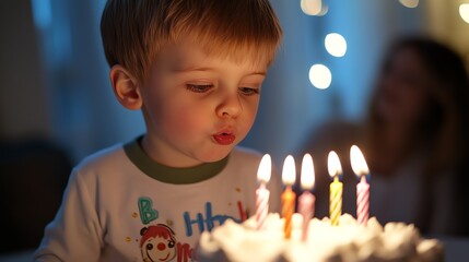 Sticker - A young boy blows out candles on his birthday cake.