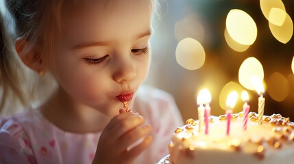 Poster - A young girl blows out candles on her birthday cake.