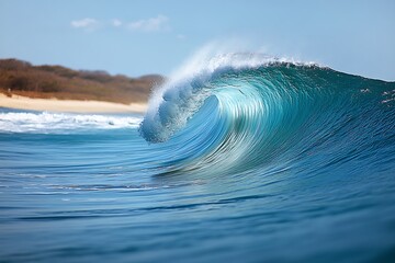 A powerful ocean wave curls and breaks near a tropical beach