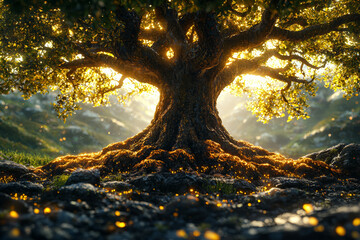 Canvas Print - An old tree with deep roots and gnarled branches, representing resilience through time. Concept of endurance.