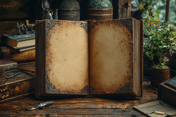 Poster - An empty book cover lying on a desk, open for a unique title and design.