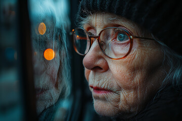 Wall Mural - An elderly person looking at a photograph of their younger self, reflecting on the years gone by. Concept of aging.