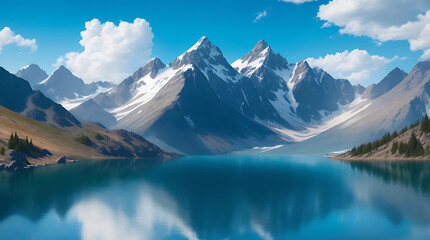 high quality a mountain lake with blue clouds sky and copy space natural mountains in the illustrati