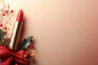 © Amiah.art - A vibrant red lipstick surrounded by holiday decorations on a soft background, celebrating beauty and festivity