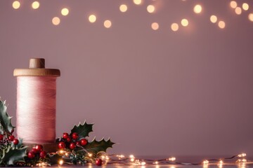 Christmas card with a spool of thread wrapped in Christmas lights sits beside holly, symbolizing holiday sewing projects.