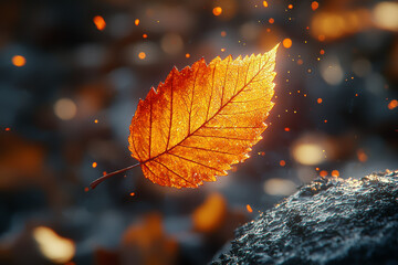 Poster - A leaf falling from a tree, drifting through the air before landing on the ground, showing the fleeting nature of time. Concept of transience.