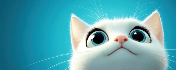 Adorable white cat with big blue eyes on a vibrant blue background, displaying a curious and surprised expression, in a whimsical and cartoon style illustration.