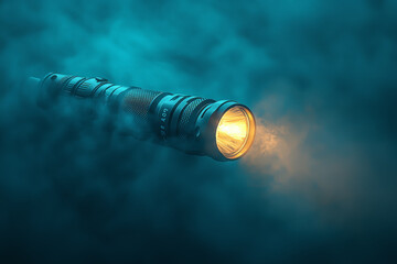 Sticker - A flashlight cutting through a dense fog, highlighting the play between light and mist. Concept of mystery.