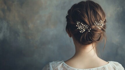 Back view of a young woman on a gray background sporting a pretty hair clip