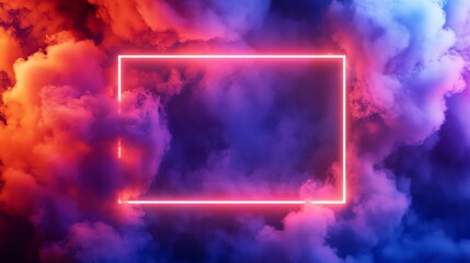 Wall Mural - a glowing pink neon square frame in front of a dark pink and blue smoke background.