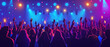 © RRIKATO - A vibrant concert scene with a crowd raising their hands, illuminated by colorful lights against a glowing backdrop.