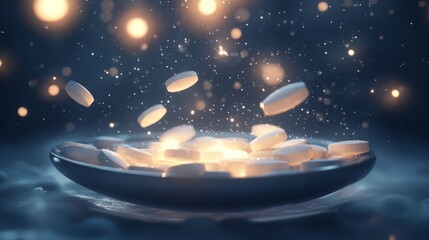Aufkleber - A cluster of tablets hovers over a reflective surface, creating a mesmerizing display of light and shadow. Soft, glowing orbs illuminate the dark environment, enhancing the tranquil atmosphere.