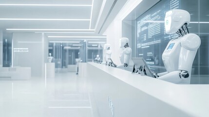 futuristic robots working at a reception desk in a modern office.