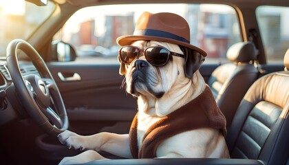 Wall Mural - Charming Labrador in a stylish hat nestled inside a suitcase