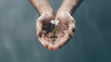 A person is holding a white flower in their hands