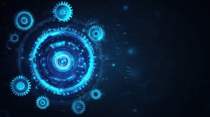 Aufkleber - Abstract blue gears in a circular pattern, rotating motion, glowing digital lines, dark backdrop, high contrast, cyberpunk aesthetic, art
