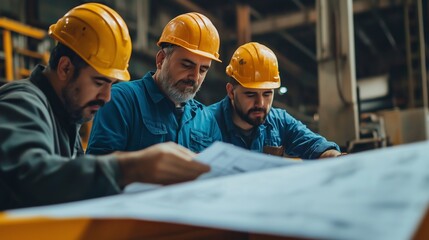 Sticker - Construction team reviewing project plans in a warehouse setting during the afternoon