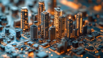 Miniature illuminated skyscrapers on a circuit board, symbolizing futuristic smart city technology, digital infrastructure, modern architecture, urban innovation, tech economy, high-tech urban