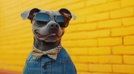 A fashionable dog showcases its personality with sunglasses and a bow tie in front of a vibrant yellow wall during daylight