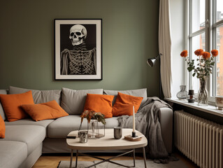 Scandinavian scandi modern minimalist cozy living room interior with fall and halloween decor. Sage couch with orange pillows. Pumpkin decor.
