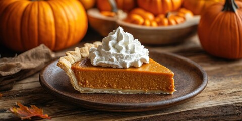 Poster - Slice of pumpkin pie with whipped cream plate cheesecake dessert.