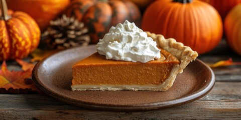 Poster - Slice of pumpkin pie with whipped cream plate cheesecake dessert.