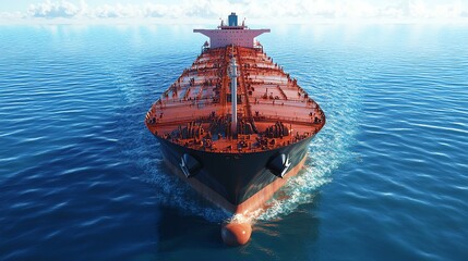 A large container ship sails through the ocean on a bright day.