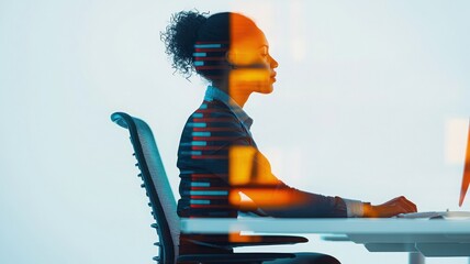 Professional woman working on laptop, side profile, modern workspace with technology overlay