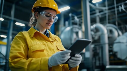 A woman in safety gear uses a tablet in an industrial setting, highlighting workplace safety and technology integration.