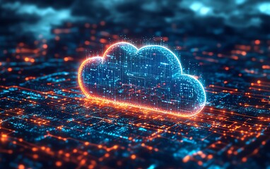 Fototapete - Cloud technology driving digital transformation, depicted in an illustration showing businesses adopting cloud solutions for operational efficiency