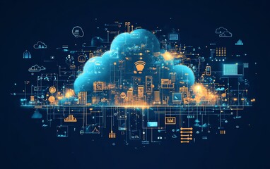 Aufkleber - Cloud technology driving digital transformation, depicted in an illustration showing businesses adopting cloud solutions for operational efficiency