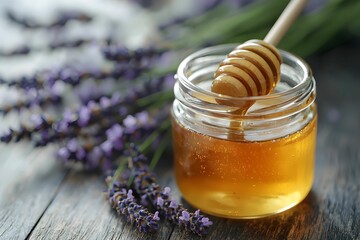 Lavender flowers beside a jar of honey with a wooden dipper