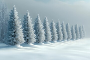 Wall Mural - Snow-covered pine trees lining a serene winter landscape at dawn