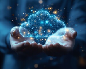 Poster - Digital transformation concept with a person holding a virtual cloud, showcasing the shift to cloudbased solutions for improved business agility