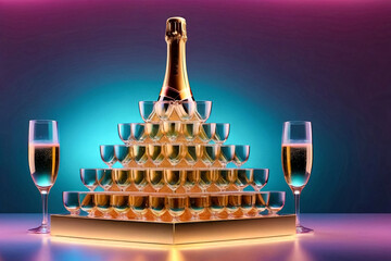 Festive background of glasses with champagne pyramid, yellow light at formal wedding party. Glass with champagne is built in form of pyramid. Design backdrop holiday backgrounds. Copy text space