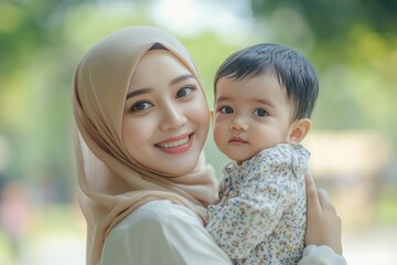 Wall Mural - Asian Muslim mother and her son enjoying quality time at park, mother throwing up her son, Muslim mom and son concept, Generative AI