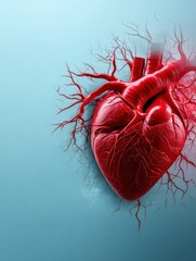 Realistic illustration of a human heart with veins on a soft blue background.