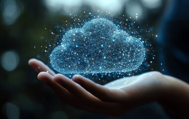 Poster - Person gripping a virtual cloud, depicting the acceleration of digital transformation as businesses adopt cloud technology to enhance agility and operations