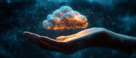 Poster - Persons hand with a virtual cloud, showing how digital transformation is advancing as businesses embrace cloud technology to enhance operational efficiency