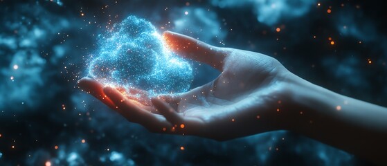 Poster - Persons hand with a virtual cloud, showing how digital transformation is advancing as businesses embrace cloud technology to enhance operational efficiency