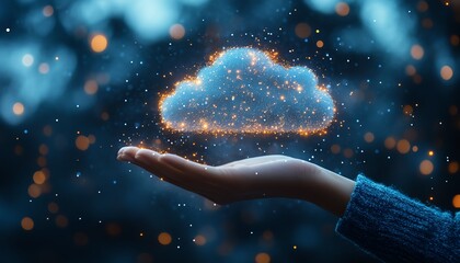 Aufkleber - Representation of digital transformation with a person s hand holding a virtual cloud, emphasizing the acceleration of cloud adoption for business efficiency