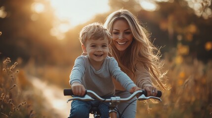 Wall Mural - mom teaches her son to ride a bike, Generative AI