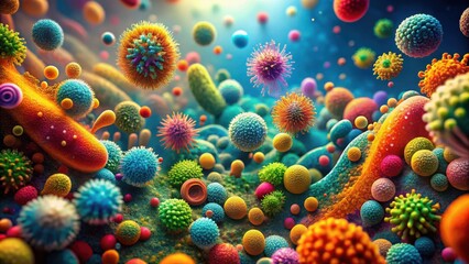 Wall Mural - vibrant bacteria microscopic world with colorful structures in fluid environment