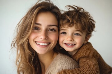 Wall Mural - Cute young smiling mother with son on her back isolated on white, Generative AI