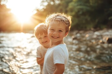 Wall Mural - Single mom walking with son together with happy face, Generative AI