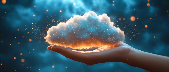 Fototapete - Virtual cloud held by a hand, representing the growing trend of digital transformation as businesses integrate cloud solutions to streamline operations