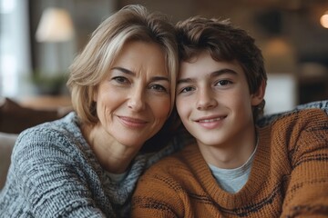 Wall Mural - Happy middle aged mother and grown son hugging with affection, sitting on sofa together, looking at camera, smiling, enjoying family visit, leisure time. Motherhood concept. Head shot, Generative AI