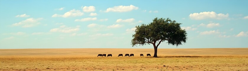 Animals Seeking Shade Under a Tree in a Parched Savanna Landscape