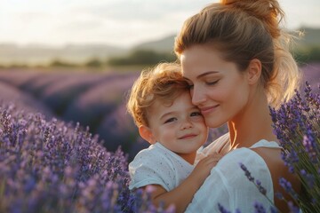 Wall Mural - Charming caucasian mother playing with her son with a lavender field on background, Generative AI